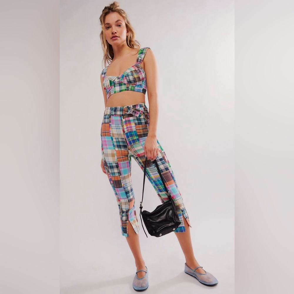NWT Free People Keep Me Set Size 6 Patchwork Capri Plaid Bustier Bralette Crop